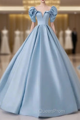 A-Line Princess Satin Blue Long Evening Prom Dresses Quinceanera Dresses Elegant Evening Dresses