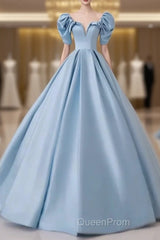 A-Line Princess Satin Blue Long Evening Prom Dresses Quinceanera Dresses Elegant Evening Dresses