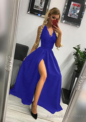 A-line/Princess Scalloped Neck Sleeveless Long/Floor-Length Elastic Satin Prom Dresses With Lace Split