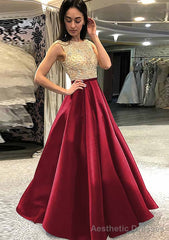 A-line/Princess Scoop Neck Sleeveless Long/Floor-Length Satin Prom Dresses With Beading