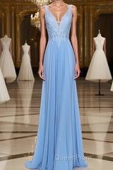 A-Line/Princess Spaghetti Straps Floor-Length Chiffon Evening Prom Dresses With Appliques Lace