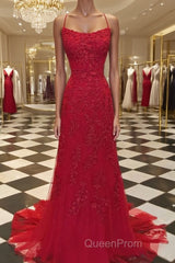 A-Line/Princess Spaghetti Straps Sweep Train Tulle Evening Dresses With Appliques Lace