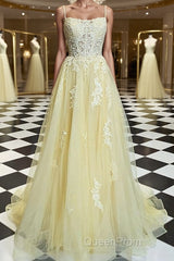 A-Line/Princess Spaghetti Straps Sweep Train Tulle Evening Prom Dresses With Appliques Lace