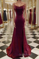 A-Line/Princess Spaghetti Straps Sweep Train Velvet Evening Prom Dresses With Leg Slit