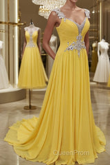 A-Line/Princess Straps Sweep Train Chiffon Evening Prom Dresses With Beading