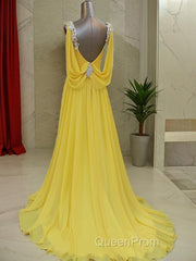 A-Line/Princess Straps Sweep Train Chiffon Evening Prom Dresses With Beading