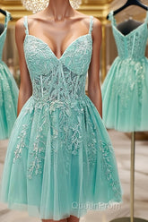 A-Line/Princess Sweetheart Corset Short/Mini Tulle Homecoming Dresses With Appliques Lace