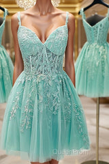 A-Line/Princess Sweetheart Corset Short/Mini Tulle Homecoming Dresses With Appliques Lace