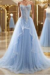 A-Line/Princess Sweetheart Sweep Train Tulle Evening Prom Dresses With Appliques Lace