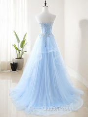 A-Line/Princess Sweetheart Sweep Train Tulle Evening Prom Dresses With Appliques Lace