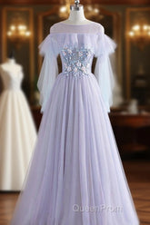 A-Line/Princess Tulle Jewel Floor-Length Evening Prom Dresses With Beaded Lace Appliques