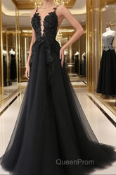 A-line/Princess V-neck Court Train Tulle Wedding Dresses with Appliques Lace