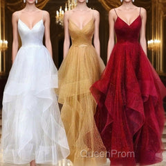 A-Line/Princess V-neck Floor-Length Evening Prom Dresses