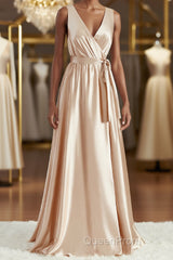 A-Line/Princess V-neck Floor-Length Silk like Satin Bridesmaid Dresses with Belt/Sash