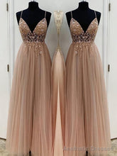 A-Line/Princess V-neck Floor-Length Tulle Prom Dresses With Beading