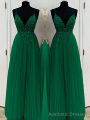 A-Line/Princess V-neck Floor-Length Tulle Prom Dresses With Beading