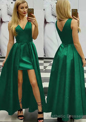 A-line/Princess V Neck Sleeveless Asymmetrical Satin Prom Dresses With Pleated