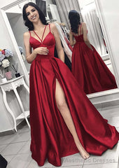 A-line/Princess V Neck Sleeveless Long/Floor-Length Elastic Satin Evening Dresses With Split Pleated