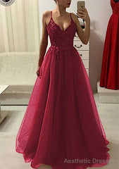 A-line/Princess V Neck Sleeveless Long/Floor-Length Prom Dresses With Appliqued Beading