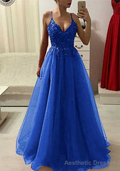A-line/Princess V Neck Sleeveless Long/Floor-Length Prom Dresses With Appliqued Beading