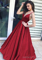 A-line/Princess V Neck Sleeveless Long/Floor-Length Satin Prom Dresses