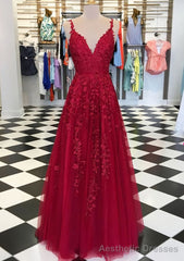 A-line/Princess V Neck Sleeveless Long/Floor-Length Tulle Prom Dresses With Appliqued
