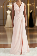 A-Line/Princess V-neck Sweep Train Chiffon Bridesmaid Dresses
