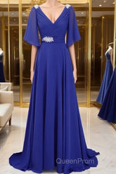 A-Line/Princess V-neck Sweep Train Chiffon Mother of the Bride Dresses With Beading