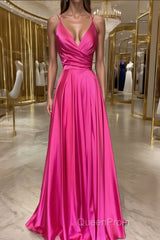 A-Line/Princess V-neck Sweep Train Elastic Woven Satin Evening Prom Dresses