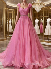 A-Line/Princess V-neck Sweep Train Organza Evening Prom Dresses With Ruffles