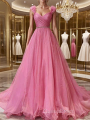 A-Line/Princess V-neck Sweep Train Organza Evening Prom Dresses With Ruffles