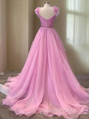 A-Line/Princess V-neck Sweep Train Organza Evening Prom Dresses With Ruffles