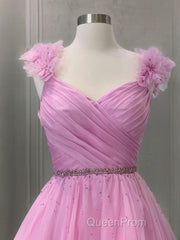 A-Line/Princess V-neck Sweep Train Organza Evening Prom Dresses With Ruffles