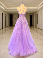 A-Line/Princess V-neck Sweep Train Tulle Evening Prom Dresses With Appliques Lace