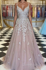 A-Line/Princess V-neck Sweep Train Tulle Evening Prom Dresses With Appliques Lace