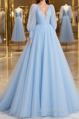 A-Line/Princess V-neck Sweep Train Tulle Evening Prom Dresses With Ruffles