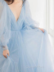 A-Line/Princess V-neck Sweep Train Tulle Evening Prom Dresses With Ruffles