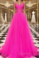 A-Line/Princess V-neck Sweep Train Tulle Evening Prom Dresses With Ruffles