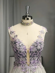 A-Line/Princess V-Neck Tulle Applique Sleeveless Floor-Length Evening Prom Dresses