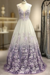 A-Line/Princess V-Neck Tulle Applique Sleeveless Floor-Length Evening Prom Dresses