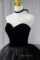 A-Line Evening Prom Dresses Black Dresses Dresses Formal Birthday Floor Length Sleeveless Strapless Tulle With Ruched Sequin