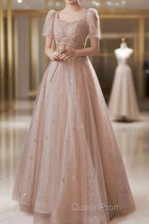 A-Line Evening Prom Dresses Elegant Dresses Engagement Evening Prom Floor Length Half Sleeve Square Neck Satin With Appliques