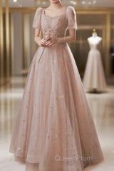 A-Line Evening Prom Dresses Elegant Dresses Engagement Evening Prom Floor Length Half Sleeve Square Neck Satin With Appliques