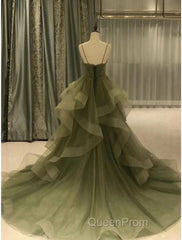 A-Line Evening Prom Dresses Elegant Dresses Formal Court Train Christmas Red Green Dresses Sleeveless Spaghetti Strap Tulle With Pleats Ruffles