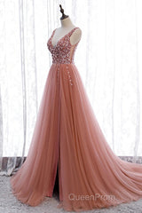 A-Line Evening Prom Dresses Elegant Dresses Party Wear Court Train Sleeveless V Neck Polyester With Pearls Embroidery