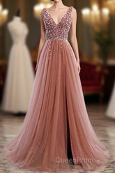A-Line Evening Prom Dresses Elegant Dresses Party Wear Court Train Sleeveless V Neck Polyester With Pearls Embroidery