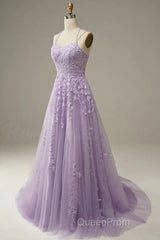 A-Line Evening Prom Dresses Floral Dresses Formal Sleeveless Strap Tulle With Appliques
