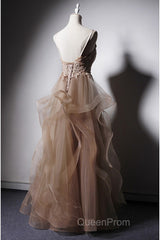 A-Line Evening Prom Dresses Open Back Dresses Formal Wedding Party Floor Length Sleeveless Spaghetti Strap Lace With Ruffles Appliques