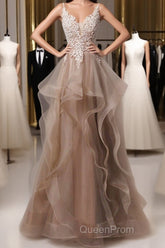 A-Line Evening Prom Dresses Open Back Dresses Formal Wedding Party Floor Length Sleeveless Spaghetti Strap Lace With Ruffles Appliques