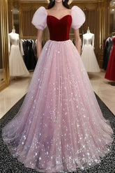 A-Line Evening Prom Dresses Princess Dresses Evening Prom Floor Length Short Sleeve Sweetheart Tulle With Sequin